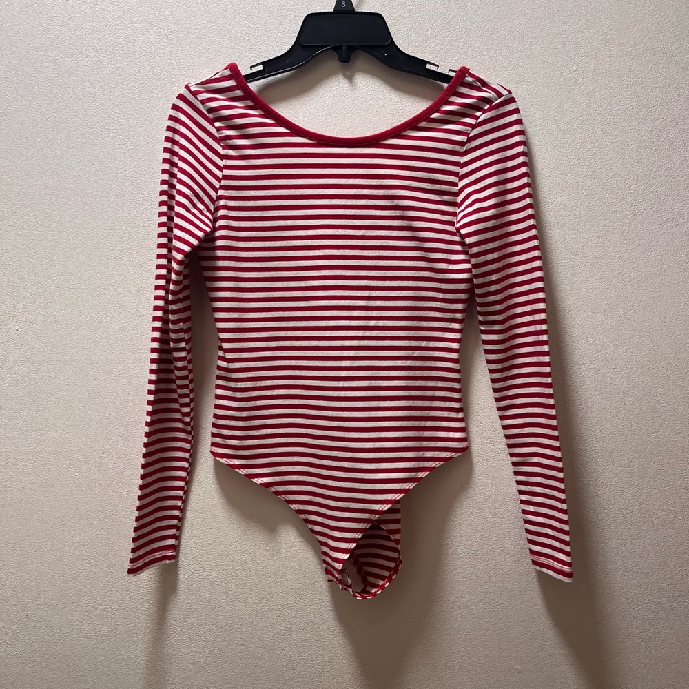 H&M Body-con Preppy Striped Indie Long Sleeve Low Back Bodysuit, Med, Red/White